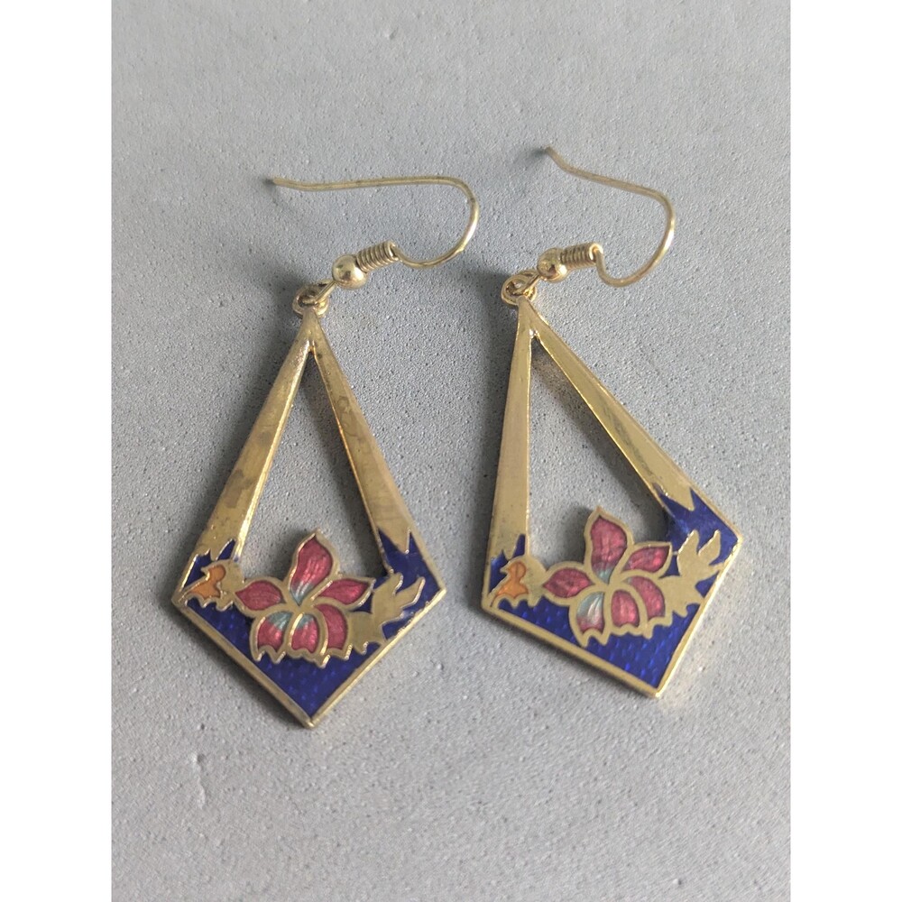 Vintage Taiwan Cloisonné Blue Pink Floral Openwork Dangle Earrings NOS
